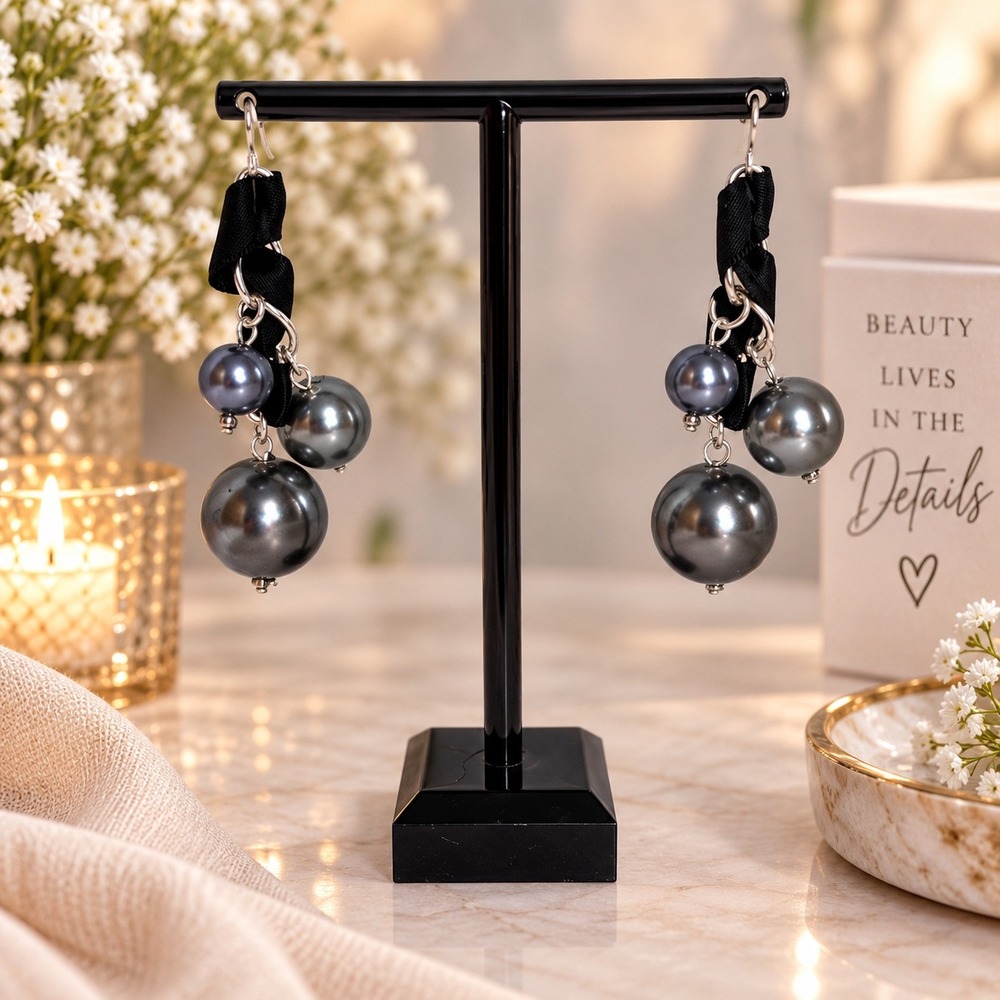 Gunmetal Grey Faux Pearl Cluster Drop Earrings with Black Ribbon Accents